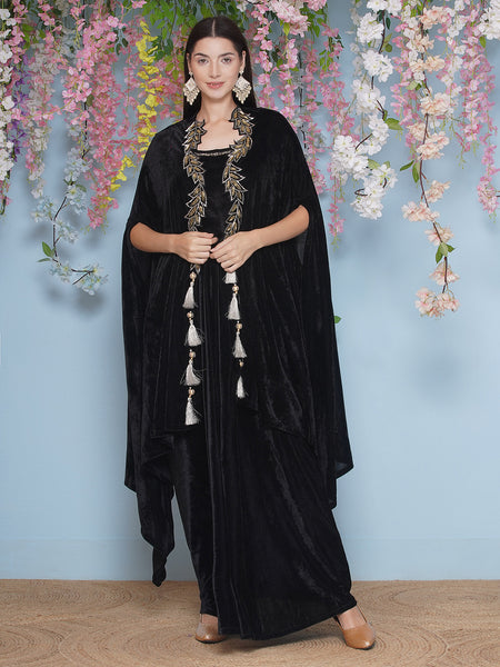 Black Velvet Hand Embellished Shrug with ineer and Skirt-WRKS204