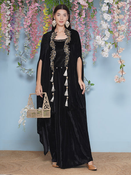 Black Velvet Hand Embellished Shrug with ineer and Skirt-WRKS204