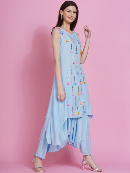Powder Blue Hand Embellished Kurta with Harem Pants-WRKS076
