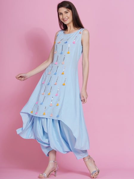 Powder Blue Hand Embellished Kurta with Harem Pants-WRKS076