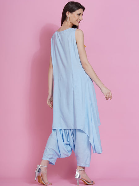 Powder Blue Hand Embellished Kurta with Harem Pants-WRKS076