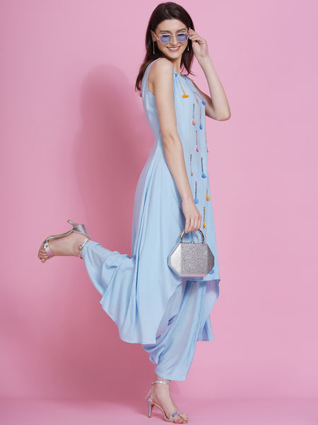 Powder Blue Hand Embellished Kurta with Harem Pants-WRKS076