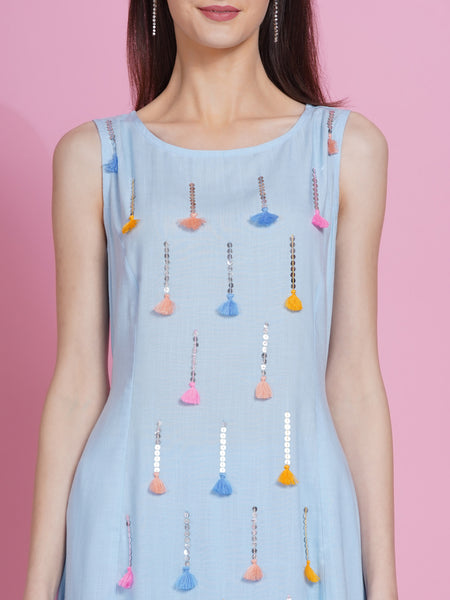 Powder Blue Hand Embellished Kurta with Harem Pants-WRKS076