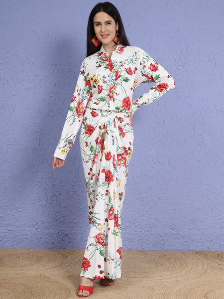 Floral Elegance Cotton Blend Shirt & Drape Skirt Set-WRKS268