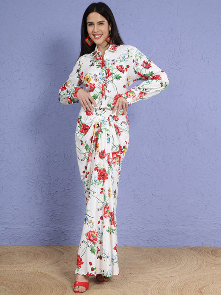 Floral Elegance Cotton Blend Shirt & Drape Skirt Set-WRKS268