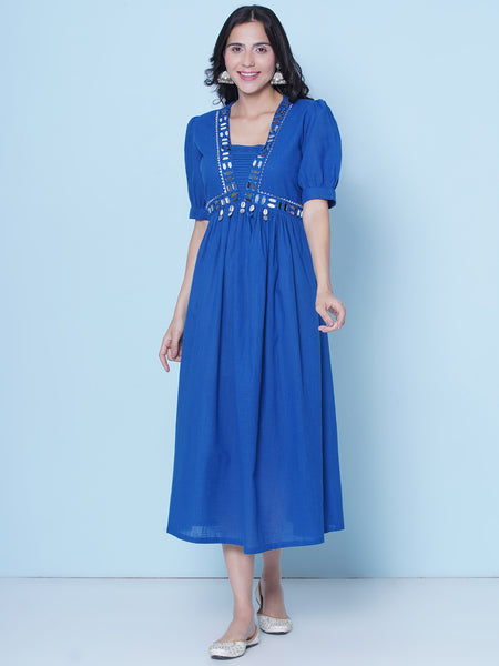 Blue Mirror Embroidered Empire Line Dress-WRK464