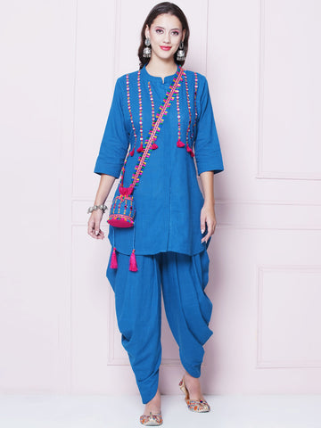 Blue Mirror Embroidered Kurta with Salwaar And Potli-WRKS156B