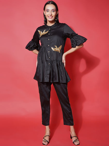 Black Cotton Silk Hand Embellished Coord Set-WRKS117