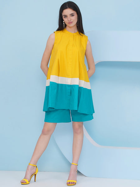 Yellow Loose Fit Top with Blue Shorts-WRKS481
