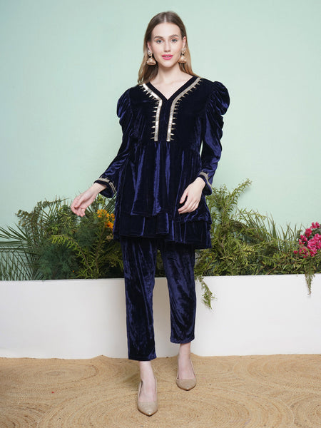 Navy Blue Hand Embellished Velvet Kurta Set-WRKS139