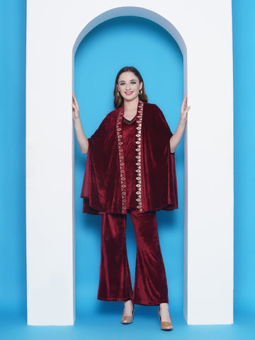 Maroon Embroidered Velvet 3 pcs Cape set-WRKS145