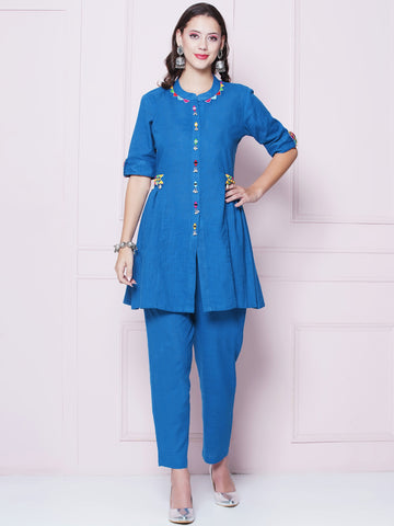 Blue Cotton Mirror Embroidered Coord Set-WRKS155