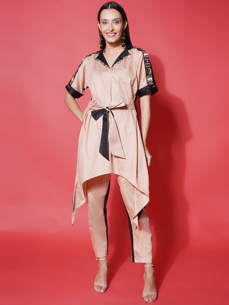 Light Peach & Black Cotton Silk Hand Embellished Coord Set