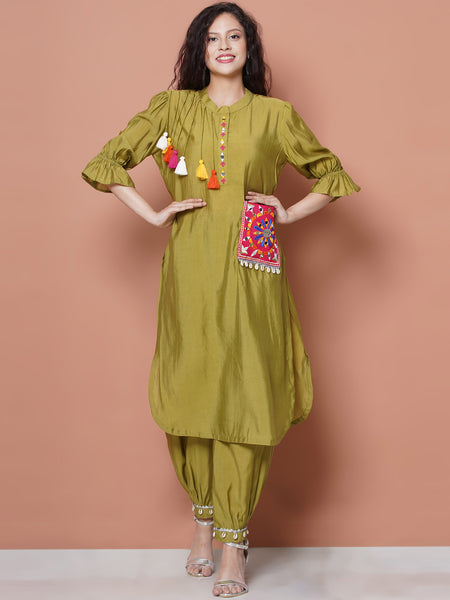 Green Art Silk Emdroidered Afghani Set-WRKS116