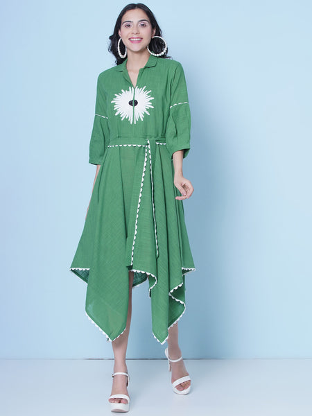 Green Hand Embroiderd Cotton Dress-WRK466