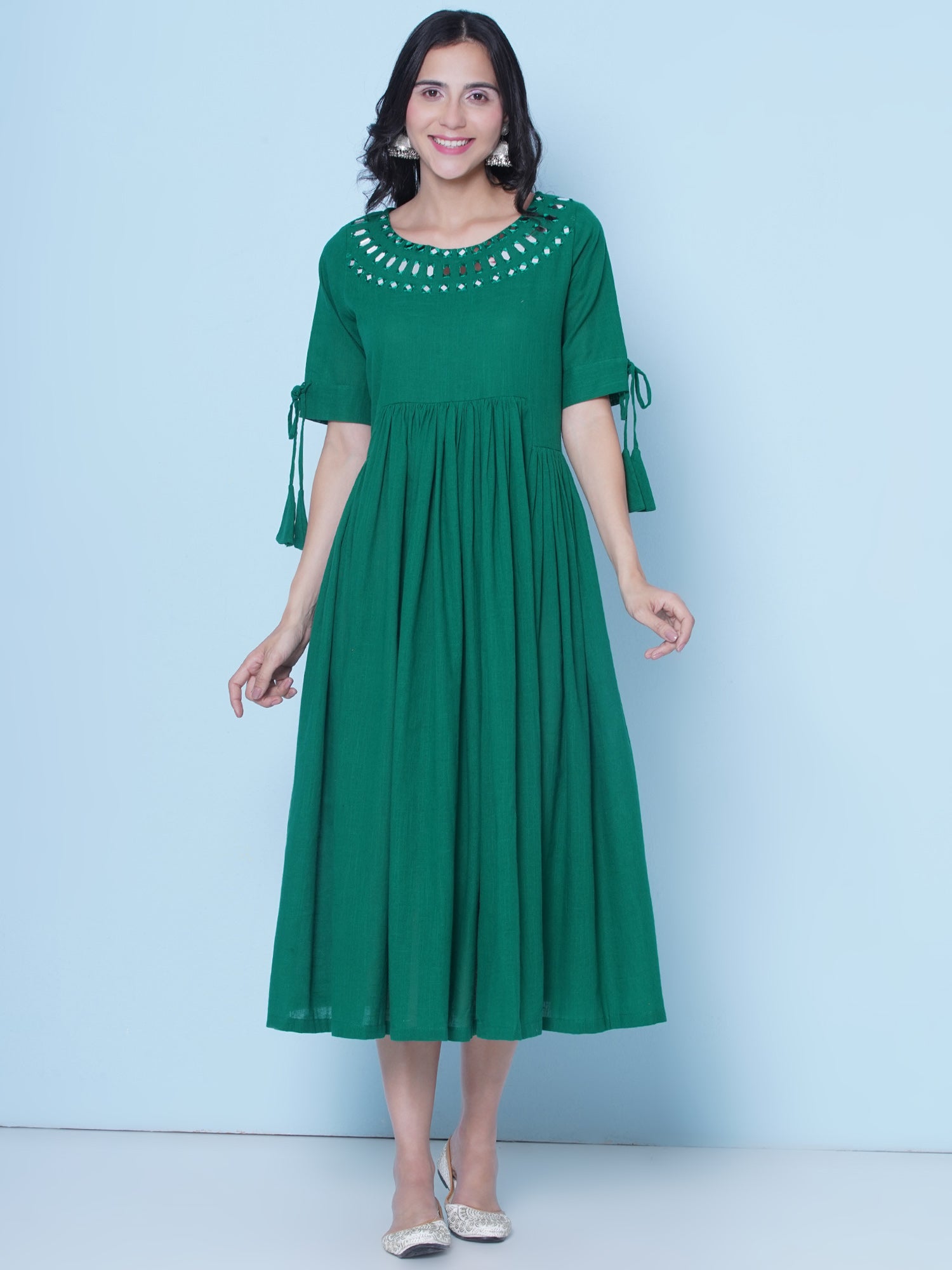 Green Cotton Mirror Embroidered Dress-wrk461