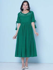 Green Cotton Mirror Embroidered Dress-wrk461