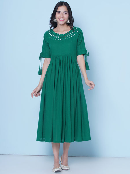 Green Cotton Mirror Embroidered Dress-wrk461