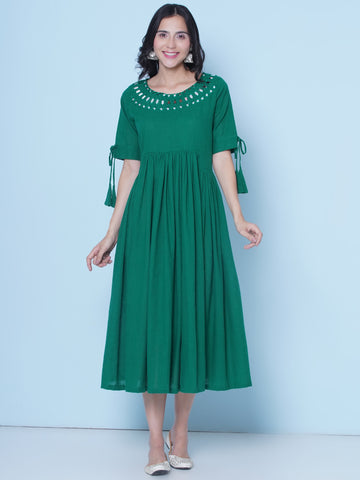 Green Cotton Mirror Embroidered Dress-wrk461