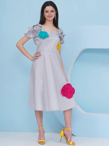Grey Cotton Dress With 3 D Flowers-WRK483