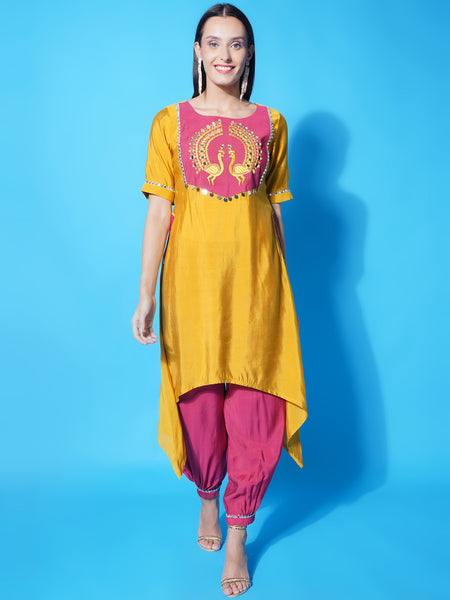Mustard Assymetrical Kurta with Mirror Embroidery and Afghani Salwaar-WRKS121