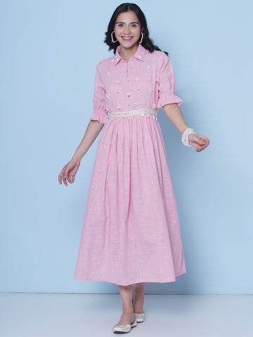 Baby Pink Cotton Hand Embellished Dress-WRK463