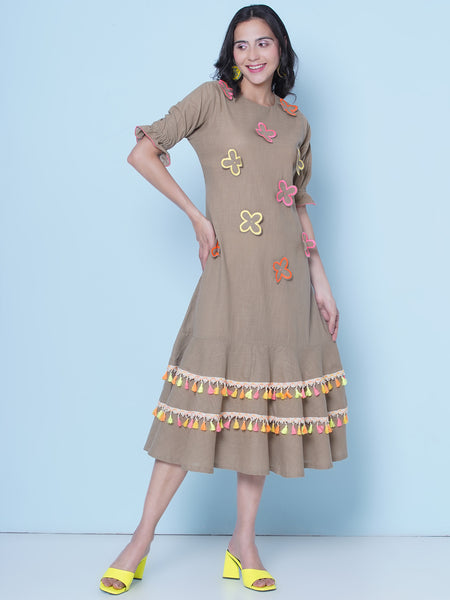 Brown Cotton Embroidered Dress-WRK458