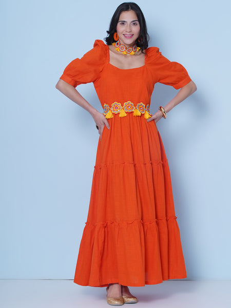 Orange Tiered Cotton Dress With belt and Necklace-WRK457