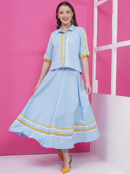 Blue Cotton Popline Top with Skirt-WRKS171