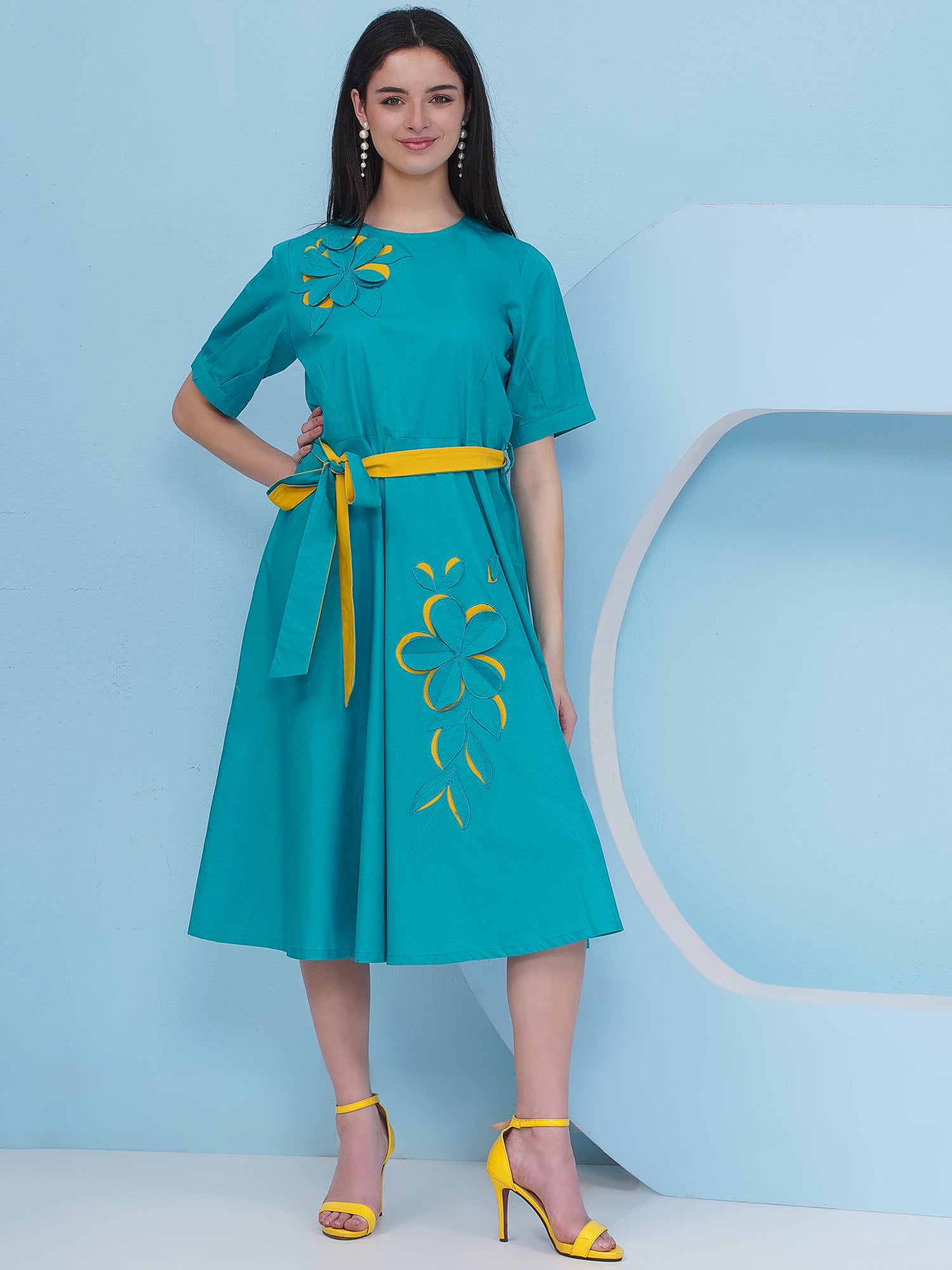 Blue Cotton Dress with 3D Embroidery-WRKS484