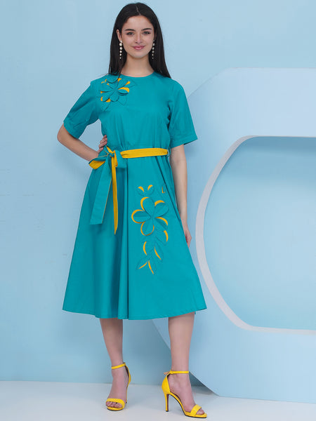 Blue Cotton Dress with 3D Embroidery-WRKS484