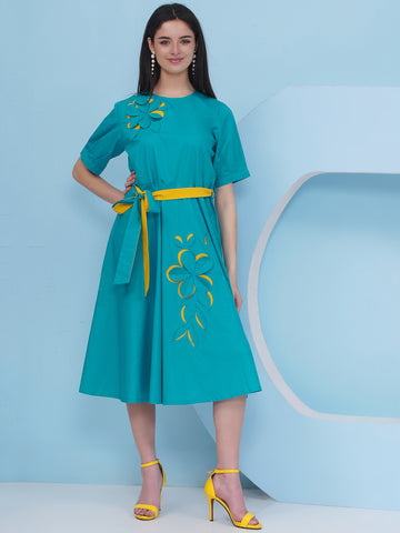 Blue Cotton Dress with 3D Embroidery-WRKS484