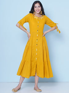 Yellow Cotton Mirror Embroidered Tiered Dress-Wrk459