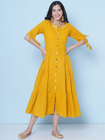 Yellow Cotton Mirror Embroidered Tiered Dress-Wrk459