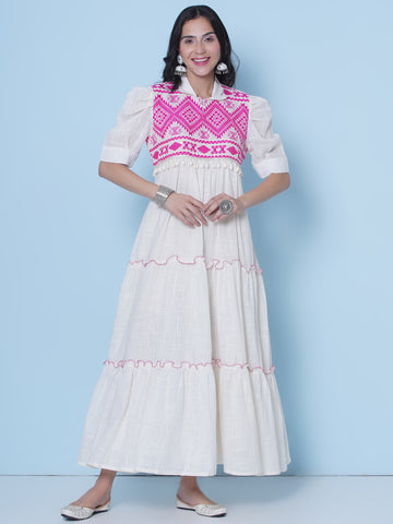 Off White Cotton Tiered Dress-WRK460