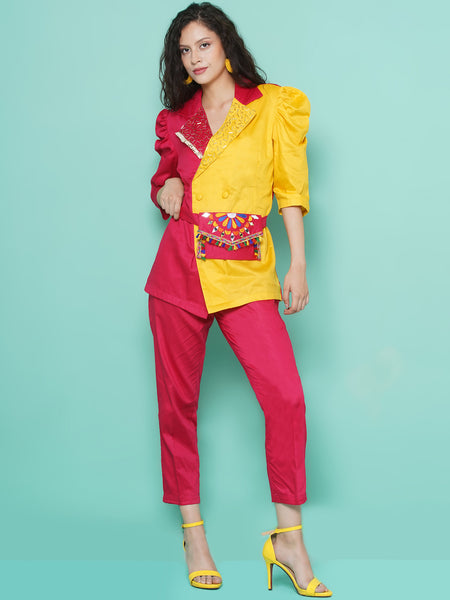 Pink and Yellow Cotton Silk Blazer Set-WRKS114