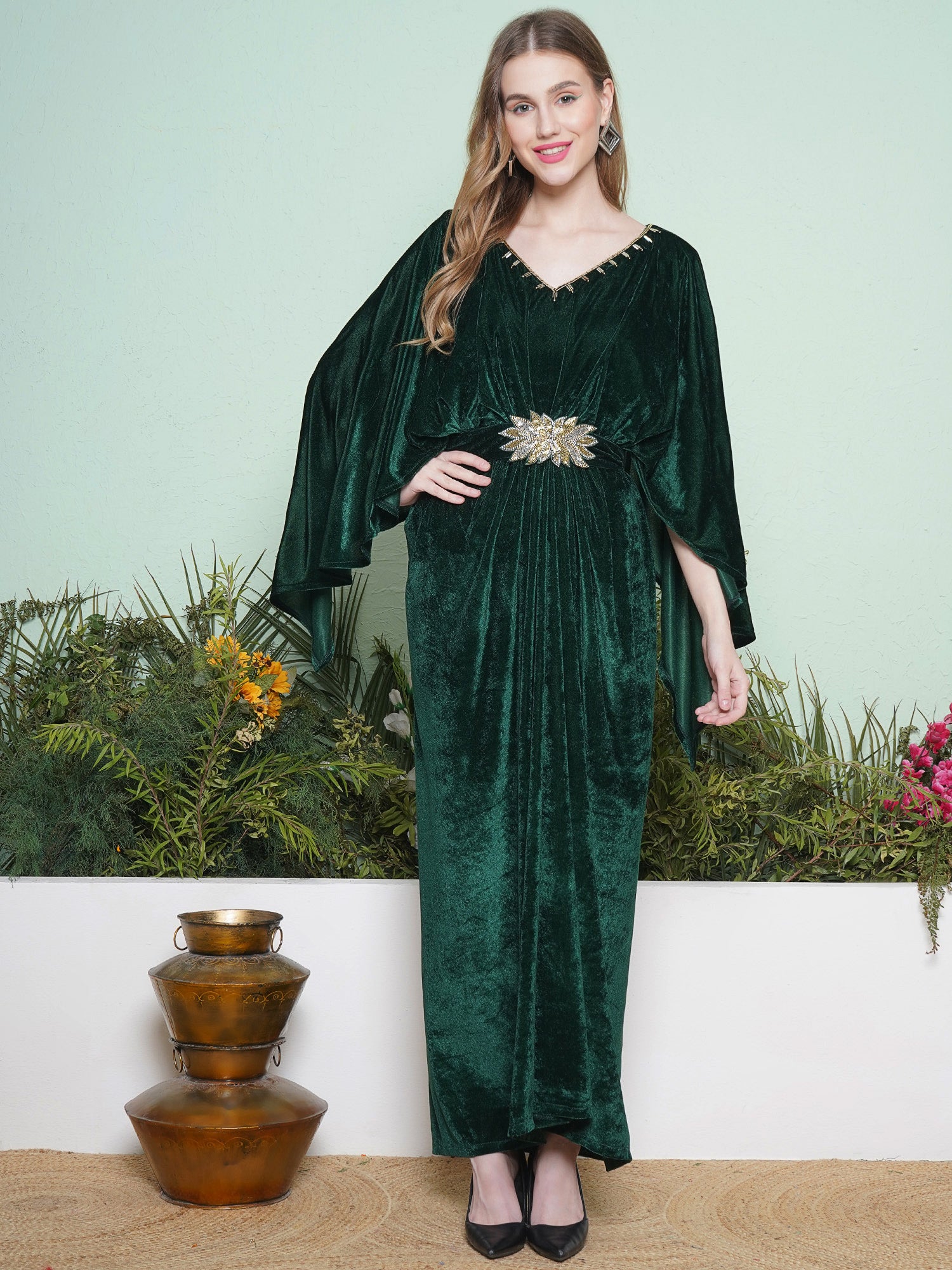 Green Velvet Cape Style Hand Embellished Gown with Belt-WRK453 Women Republic Green Velvet Cape Style Hand Embellished Gown with Belt-WRK453 Women Republic