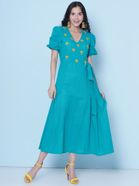 Blue Embroidered Angrakha Dress-WRK462