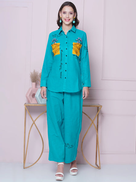 Blue Cotton Embroidered Shirt with High Waist Pallazo-WRKS162B