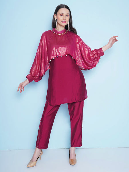 Maroon Hand Embellished Muslin Kurta Set-WRKS148