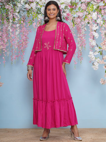 Pink Full Lenght Anarkali Gown with Hand embellished short jacket-WRK473