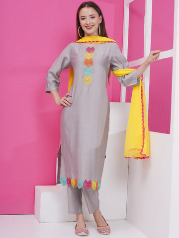 Grey Embroidered Suit with Dupatta-WRS004