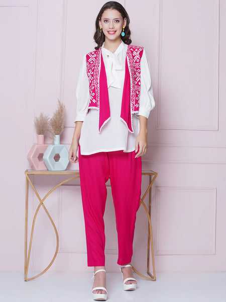 Pink Rayon Slub Embroidered Jacket with shirt and Pant-WRKS161
