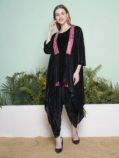 Black Velvet Hand Embellished Jacket with Inner and Dhoti Salwaar-WRKS138