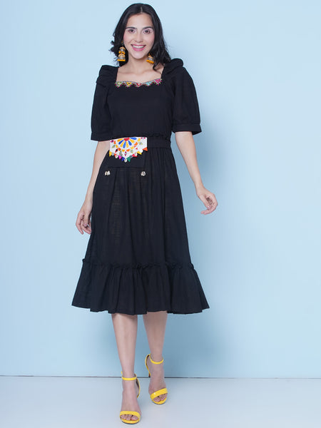 Black Cotton Dress with Belt and Pouch-WRK465