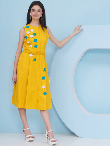 Yellow Cotton Dress with Belt and 3D Flower-WRK482