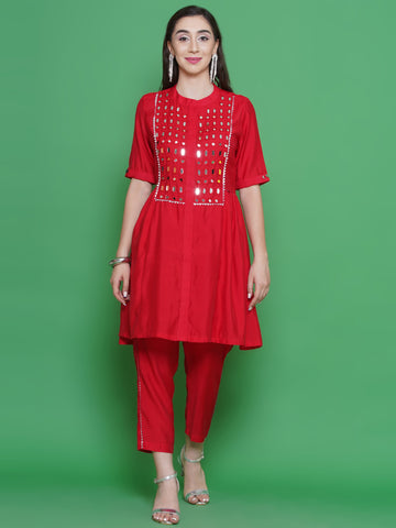 Red Muslin Kurta Set with Mirror Work-WRKS131