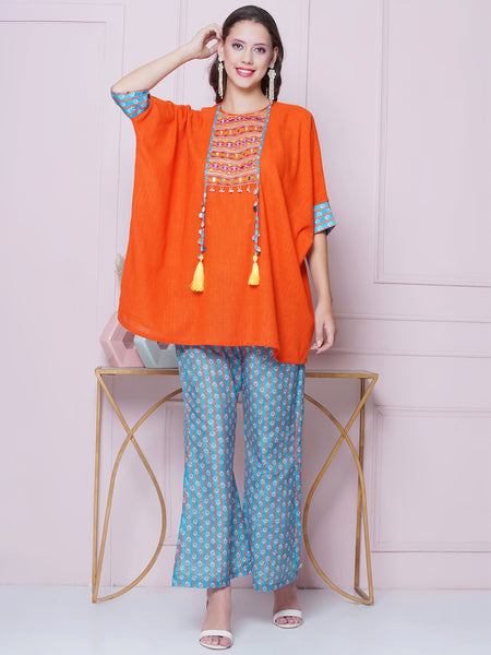 Orange Cotton Mirror Embroidered Kaftaan with Printed Bellbottom-WRKS159
