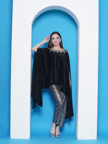 Black Velvet Hand Embellished Kaftaan with Metallic Pants-WRKS142