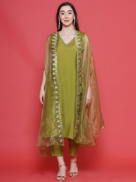 Green Muslin Set With Embroidered Organza Kaftaan Style Jacket-WRKS132